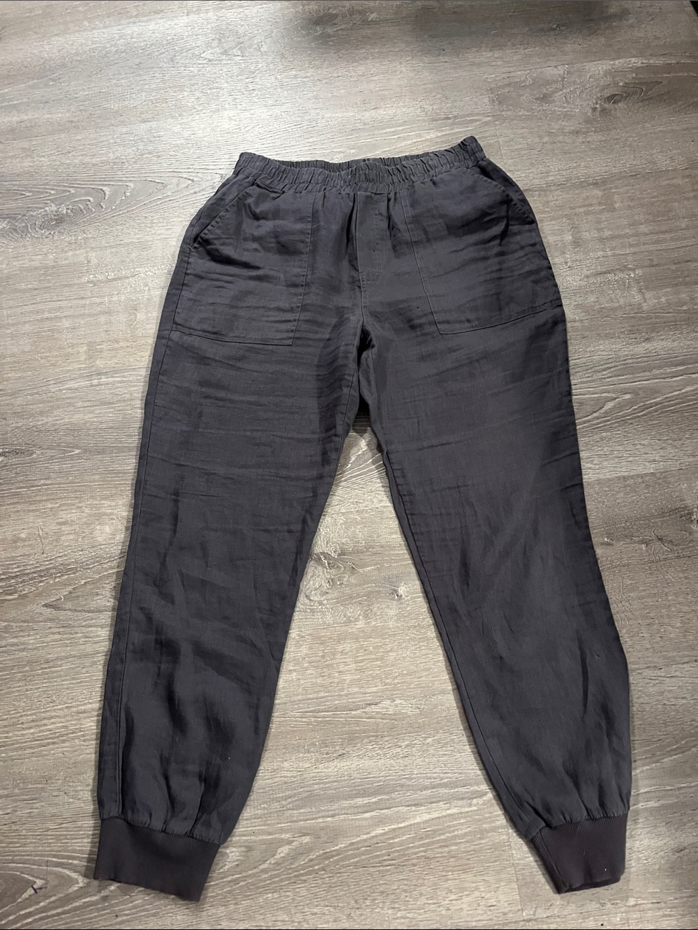 Magaschoni Black Elastic-Waist Jogger 100% Linen Pockets Women’s Size Small